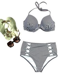 Shade & Shore Black White Striped Halter Bikini Set High Waist Swimsuit Goth M